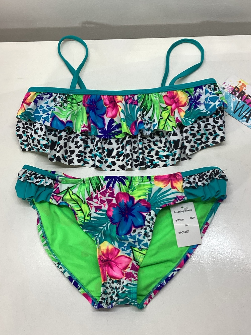 Tropical Ruffle Kids Bikini — Teal, Green, Pink Floral